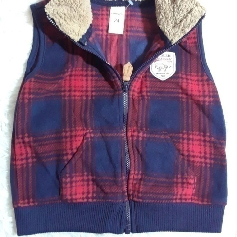☄Carter's Plaid Teddy Collar Vest-Size 24 Months